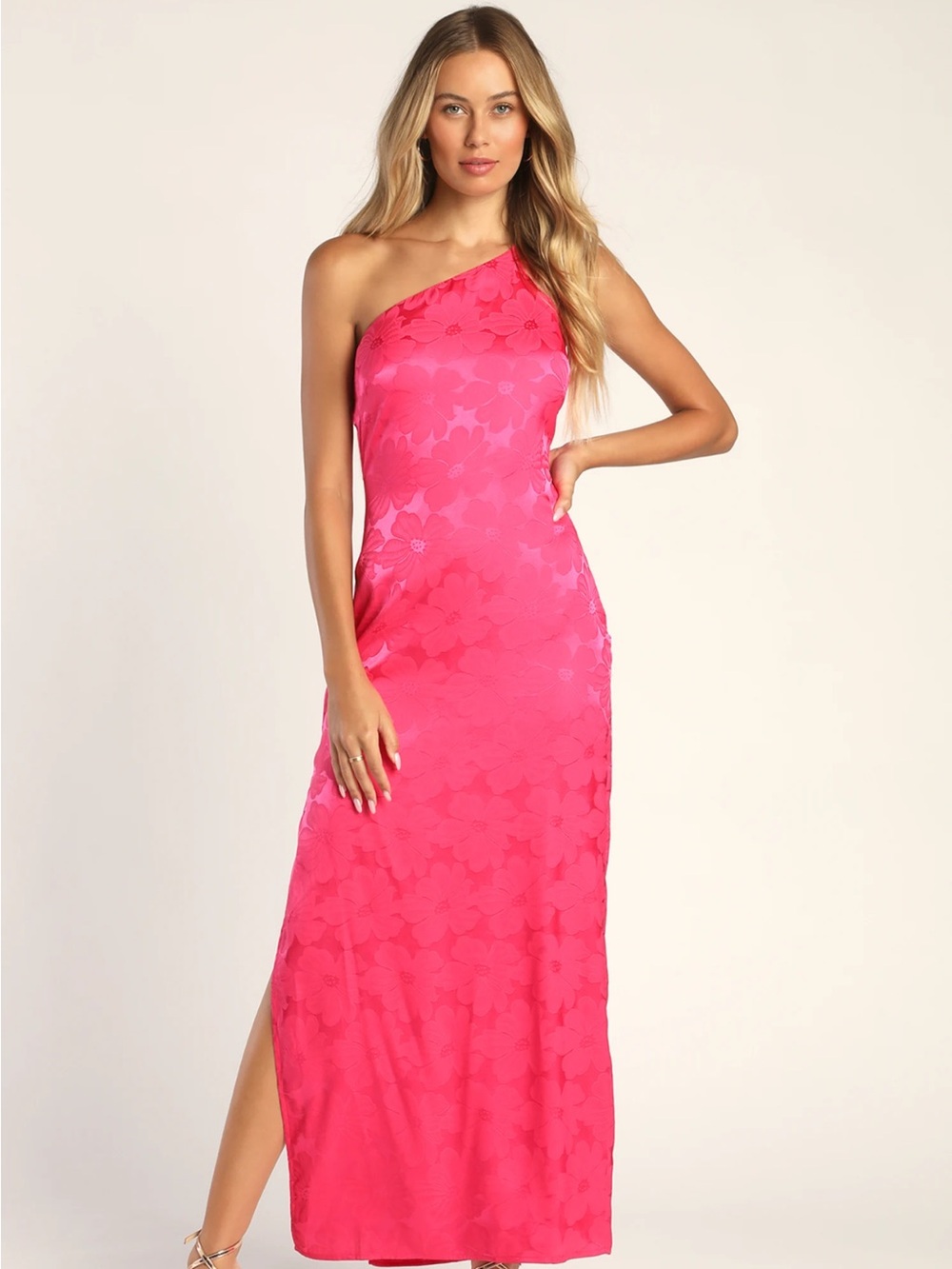 Lulu's Chasing Desire Hot Pink Satin Jacquard One-Shoulder Maxi Dress - Picture 7 of 9